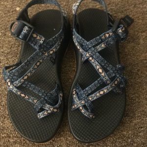 Peach and navy chacos